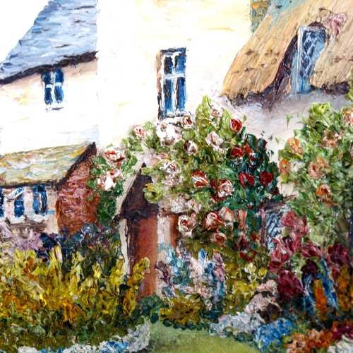 2270 - Mid-20th century British School, oil on board, cottage gardens, unsigned, 42cm x 60cm, framed