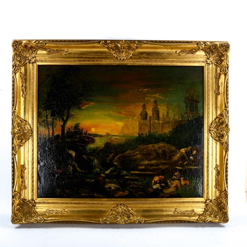 2273 - 3 x 19th century oil paintings, comprising a Classical sunset landscape, 60cm x 75cm, oval oil on bo... 