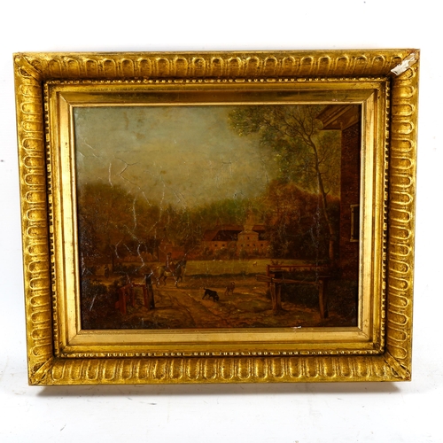 2273 - 3 x 19th century oil paintings, comprising a Classical sunset landscape, 60cm x 75cm, oval oil on bo... 