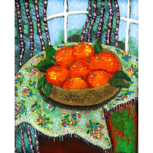 2280 - Carol Maddison, contemporary oil on board, still life oranges, 43cm x 34cm