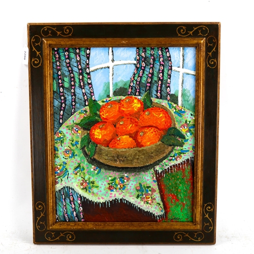 2280 - Carol Maddison, contemporary oil on board, still life oranges, 43cm x 34cm