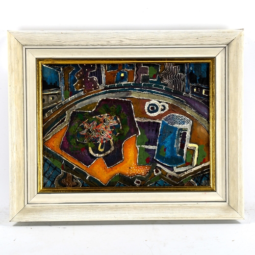 2281 - Carol Maddison, contemporary oil on canvas, abstract still life, 30cm x 38cm, framed