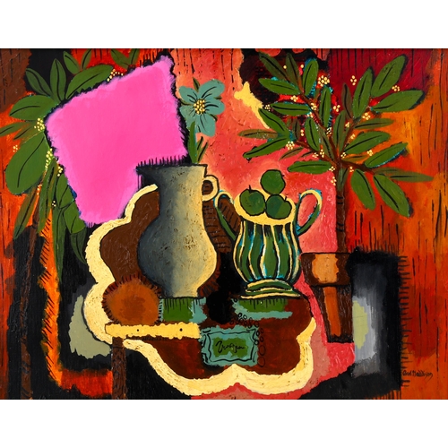 2283 - Carol Maddison, contemporary oil on canvas, abstract still life, 42cm x 53cm, framed