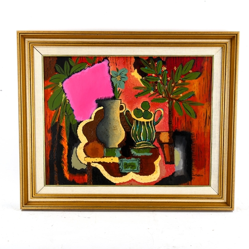 2283 - Carol Maddison, contemporary oil on canvas, abstract still life, 42cm x 53cm, framed