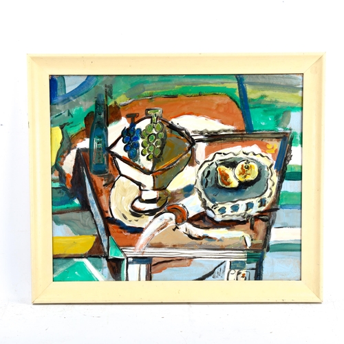 2285 - Contemporary acrylic on board, abstract still life, 47cm x 58cm, framed