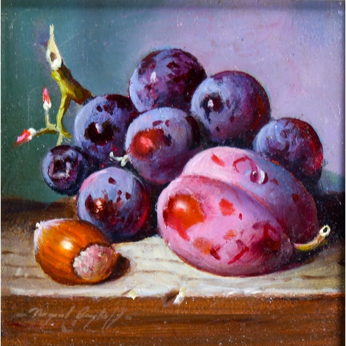 2291 - Raymond Campbell, oil on board, Black Grapes And Plum 2019, 12cm x 12cm, framed