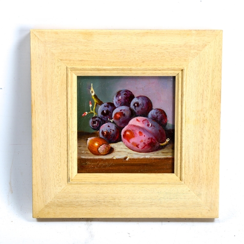 2291 - Raymond Campbell, oil on board, Black Grapes And Plum 2019, 12cm x 12cm, framed