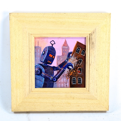 2292 - Raymond Campbell, oil on board, Berserk Robot 2019, 12cm x 12cm, framed