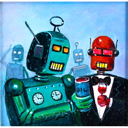 2293 - Raymond Campbell, oil on board, Robot Party 2019, 12cm x 12cm, framed