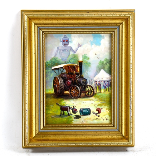 2294 - Raymond Campbell, oil on board, Traction Engine Robot At Tinkers Park, 19cm x 14cm, framed