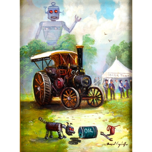 2294 - Raymond Campbell, oil on board, Traction Engine Robot At Tinkers Park, 19cm x 14cm, framed