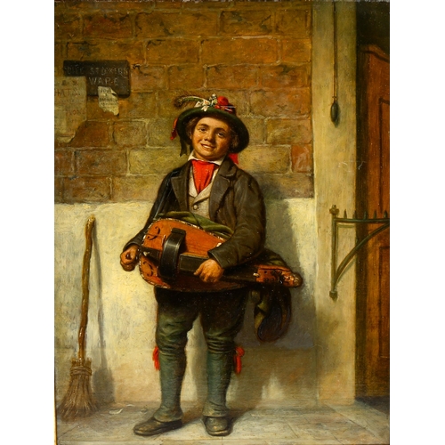 2167 - 19th century oil on canvas, study of a boy playing a hurdy gurdy, unsigned, 45cm x 34cm, framed