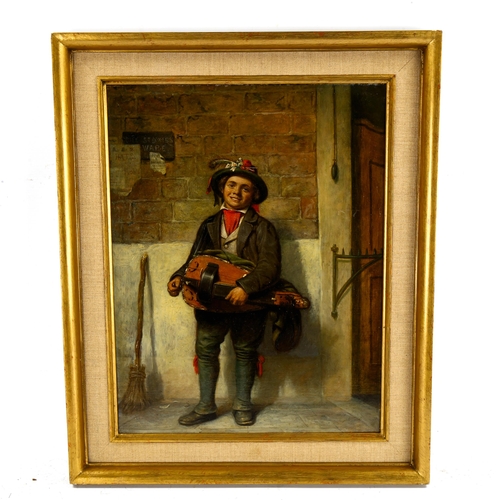 2167 - 19th century oil on canvas, study of a boy playing a hurdy gurdy, unsigned, 45cm x 34cm, framed