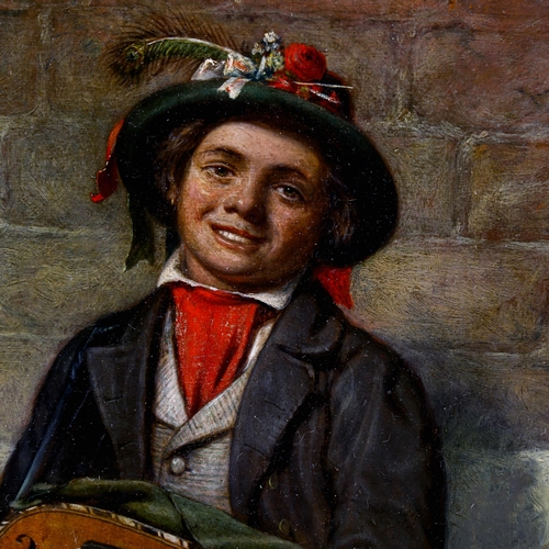 2167 - 19th century oil on canvas, study of a boy playing a hurdy gurdy, unsigned, 45cm x 34cm, framed