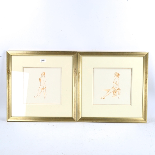 2174 - A pair of sanguine chalk life studies, signed with monograms, 26cm x 25cm, framed