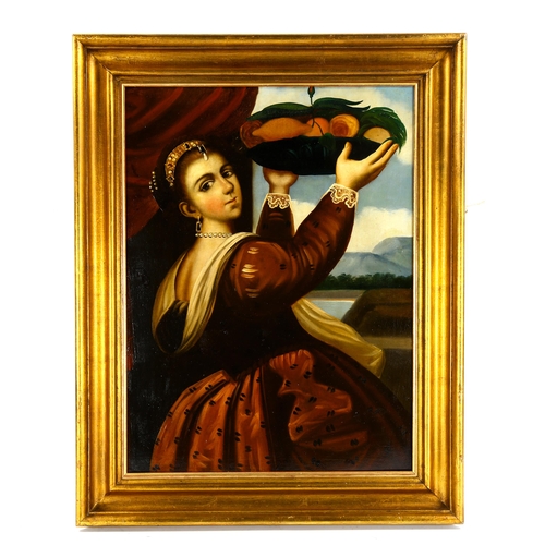 2177 - 19th century oil on canvas, girl with basket of fruit, unsigned, 62cm x 46cm, framed