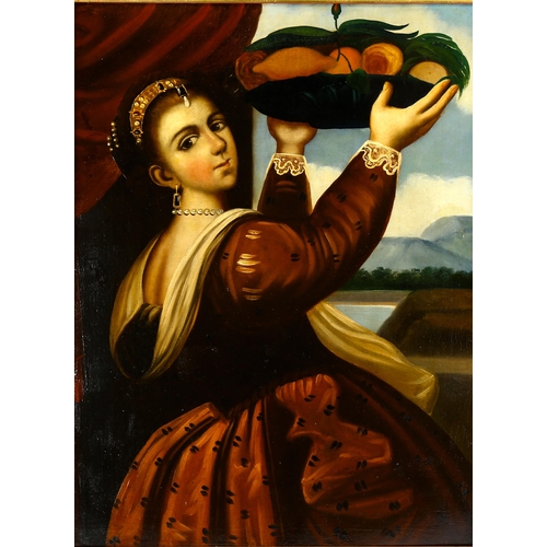 2177 - 19th century oil on canvas, girl with basket of fruit, unsigned, 62cm x 46cm, framed