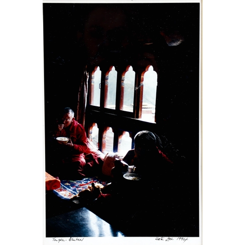 2184 - Walter Lees, photograph, Tongsa Bhutan Monks eating, signed in pencil, image 30cm x 20cm, framed