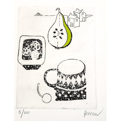 2185 - Mary Fedden, hand coloured etching, modernist composition, signed in pencil, no. 3/100, image 17cm x... 