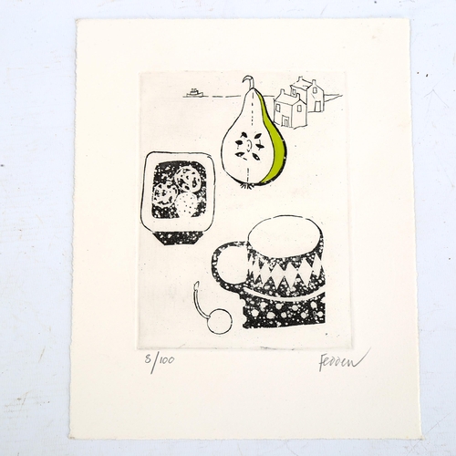 2185 - Mary Fedden, hand coloured etching, modernist composition, signed in pencil, no. 3/100, image 17cm x... 