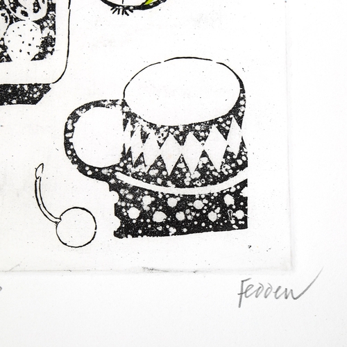 2185 - Mary Fedden, hand coloured etching, modernist composition, signed in pencil, no. 3/100, image 17cm x... 