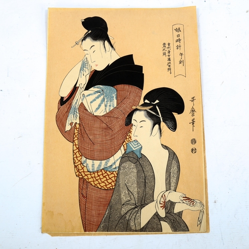 2187 - Kitagawa Utamaro, colour woodblock print, text inscription, 38cm x 26cm, unframed