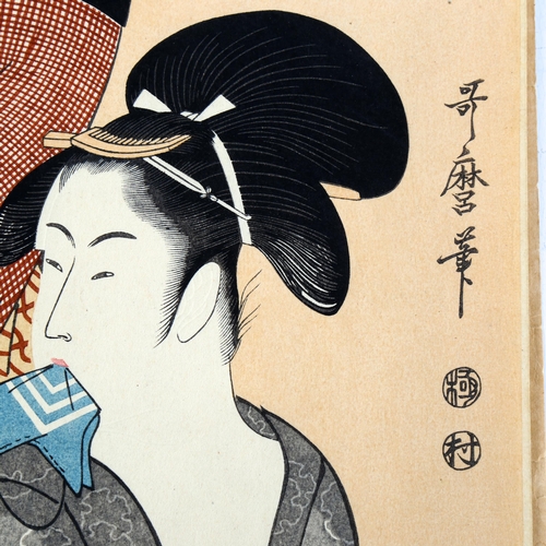 2187 - Kitagawa Utamaro, colour woodblock print, text inscription, 38cm x 26cm, unframed