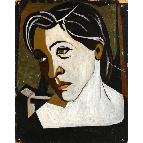 2190 - Mid-20th century oil on board, cubist style portrait, unsigned, 73cm x 57cm, unframed