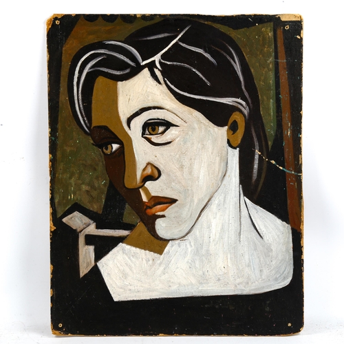 2190 - Mid-20th century oil on board, cubist style portrait, unsigned, 73cm x 57cm, unframed