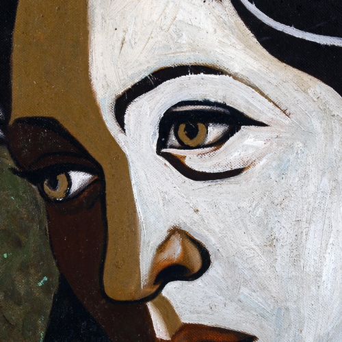 2190 - Mid-20th century oil on board, cubist style portrait, unsigned, 73cm x 57cm, unframed