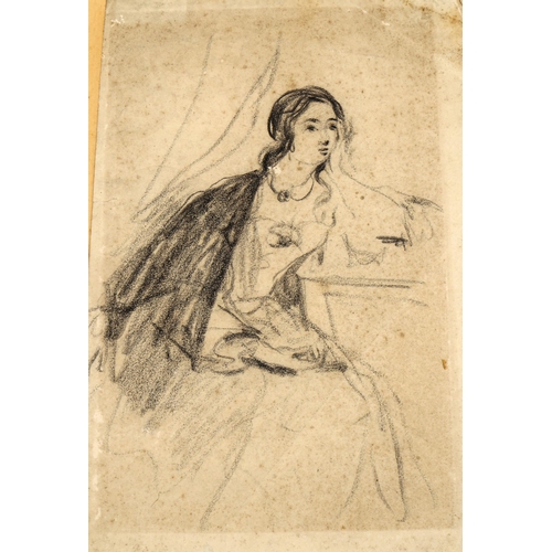 2191 - Circle of George Romney, charcoal sketch, woman at the desk, unsigned, 28cm x 18cm, mounted