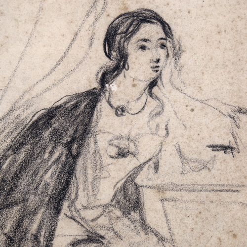 2191 - Circle of George Romney, charcoal sketch, woman at the desk, unsigned, 28cm x 18cm, mounted