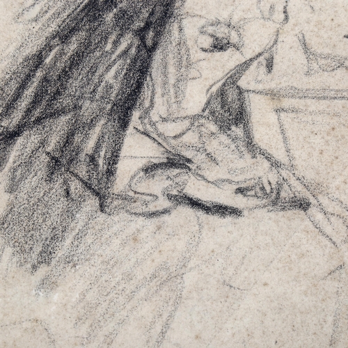 2191 - Circle of George Romney, charcoal sketch, woman at the desk, unsigned, 28cm x 18cm, mounted