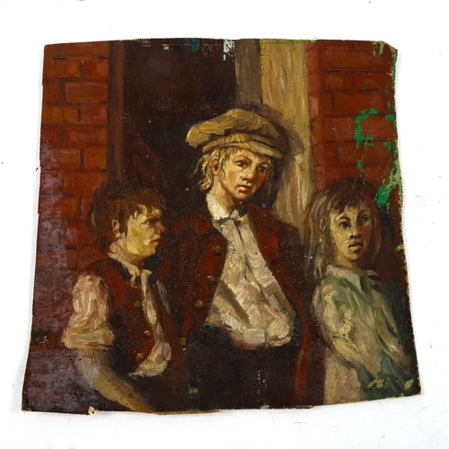 2195 - Mid-20th century British School, unstretched oil on canvas, street children, incomplete inscription ... 