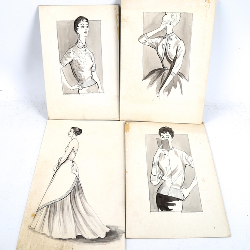 2220 - 20th century British School, 4 original pen and ink fashion studies, circa 1950s, unframed