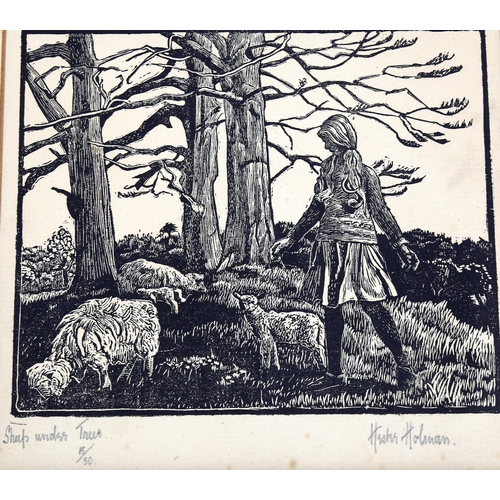 2228 - Hester Holman, wood engraving, sheep under trees, signed in pencil, circa 1920, image 14cm x 17cm, m... 