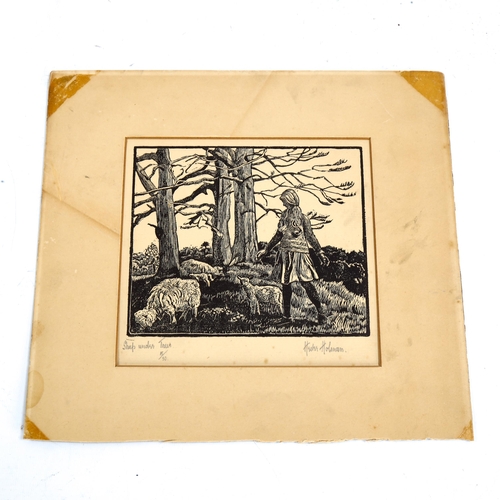 2228 - Hester Holman, wood engraving, sheep under trees, signed in pencil, circa 1920, image 14cm x 17cm, m... 