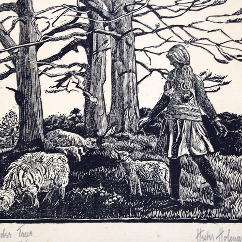 2228 - Hester Holman, wood engraving, sheep under trees, signed in pencil, circa 1920, image 14cm x 17cm, m... 