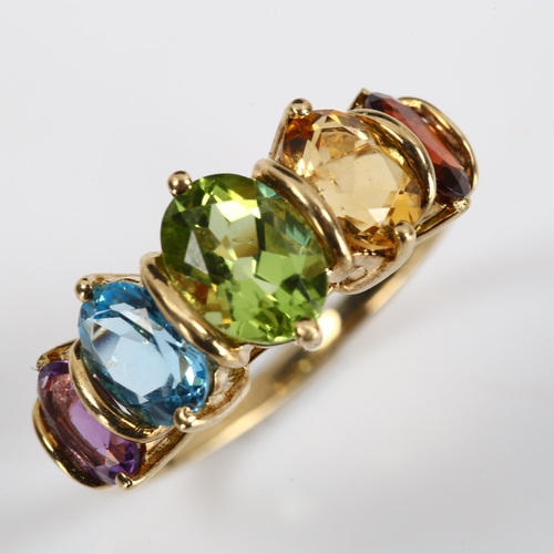 419 - A modern 9ct gold graduated 5-stone gem set ring, gemstones include peridot, topaz, garnet and ameth... 