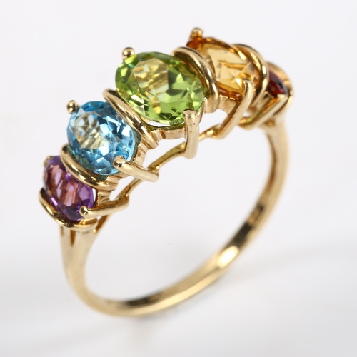 419 - A modern 9ct gold graduated 5-stone gem set ring, gemstones include peridot, topaz, garnet and ameth... 