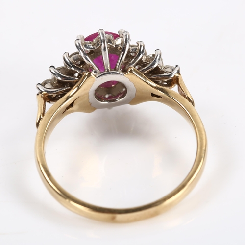 423 - A modern 9ct gold ruby and diamond cluster dress ring, set with oval mixed-cut ruby and modern round... 