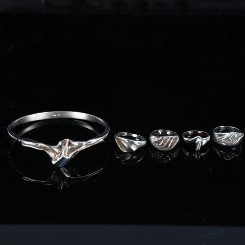 431 - Various Vintage Danish stylised sterling silver fold jewellery, comprising 4 x rings, and 1 x bracel... 