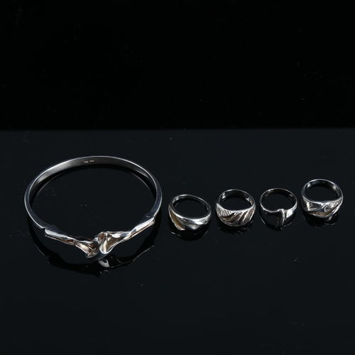 431 - Various Vintage Danish stylised sterling silver fold jewellery, comprising 4 x rings, and 1 x bracel... 