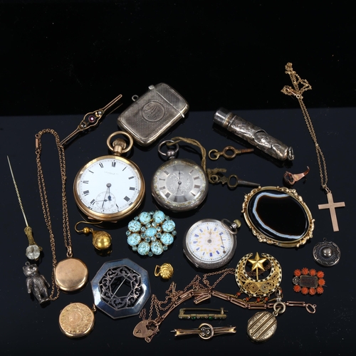 434 - Various jewellery silver and pocket watches, including 9ct gold brooch, Georgian coral mourning broo... 