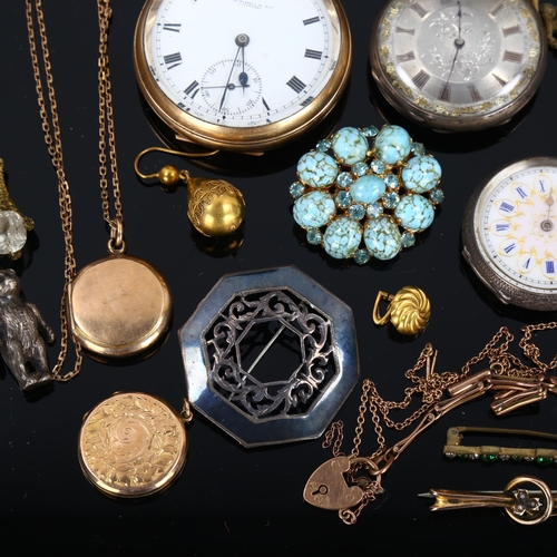 434 - Various jewellery silver and pocket watches, including 9ct gold brooch, Georgian coral mourning broo... 