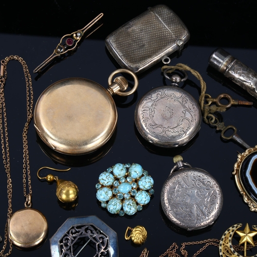 434 - Various jewellery silver and pocket watches, including 9ct gold brooch, Georgian coral mourning broo... 