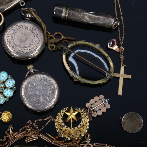 434 - Various jewellery silver and pocket watches, including 9ct gold brooch, Georgian coral mourning broo... 