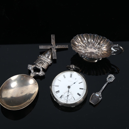 436 - Various silver, including Dutch windmill spoon, pocket watch salt cellar etc