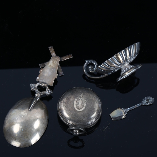 436 - Various silver, including Dutch windmill spoon, pocket watch salt cellar etc