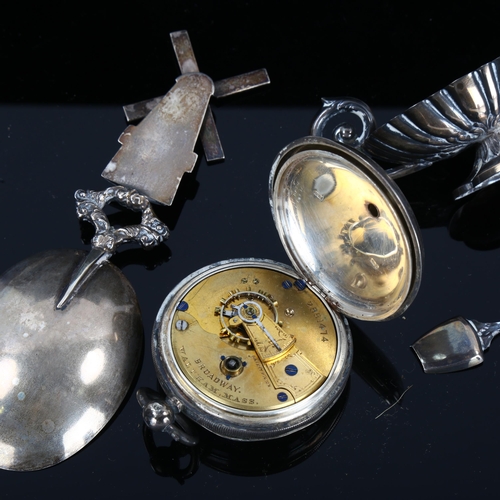 436 - Various silver, including Dutch windmill spoon, pocket watch salt cellar etc